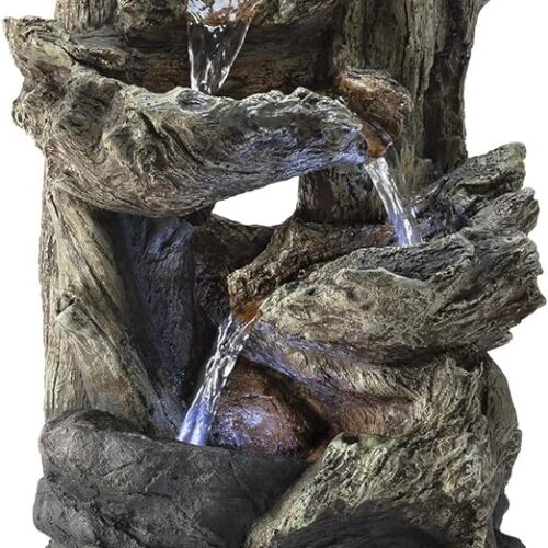 Outdoor Tiered Log Tabletop Fountain with LED Lights